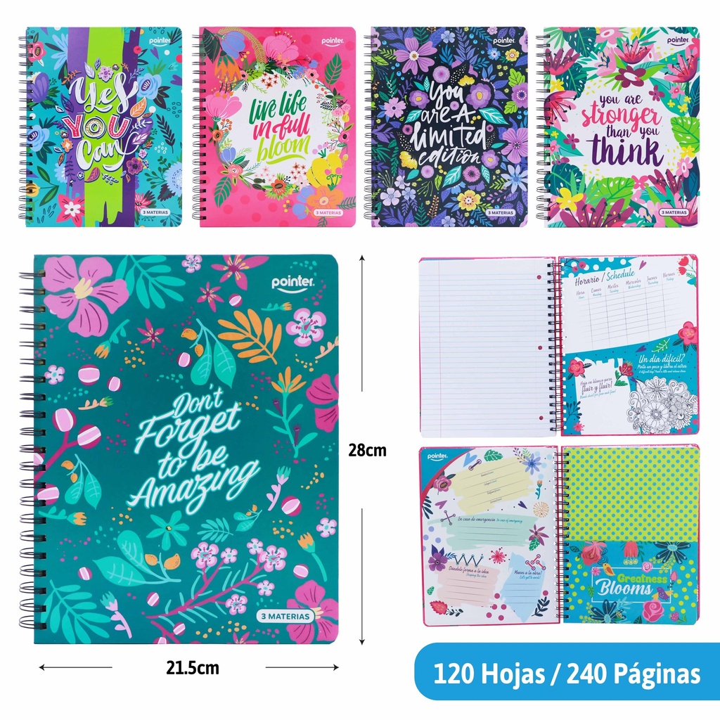 CUADERNO ESPIRAL 3 MATERIAS (FLORES)