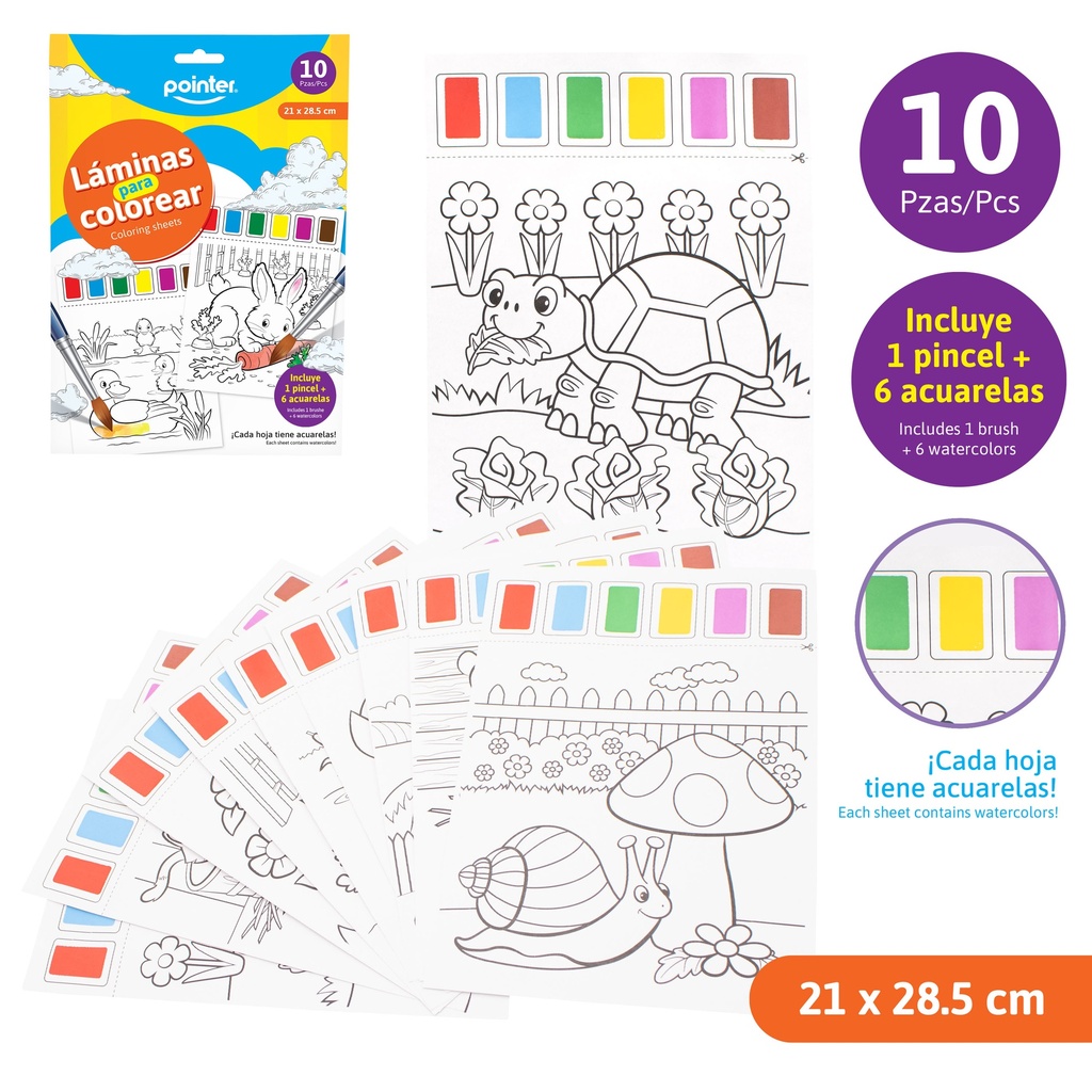 LAMINAS PARA COLOREAR x10PZAS (INCLUYE ACUARELAS Y PINCEL)