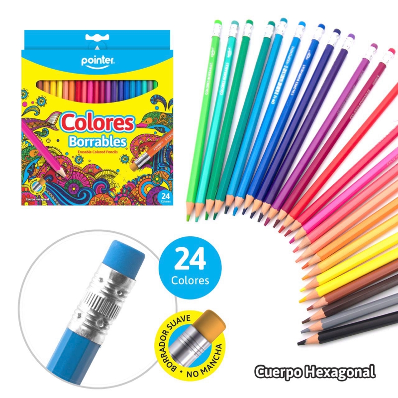 LAPICES DE COLORES BORRABLES x24PZS - CUERPO HEXAGONAL