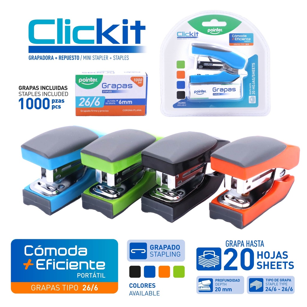 SET MINI GRAPADORA CON CAJA DE GRAPAS LISAS 26/6