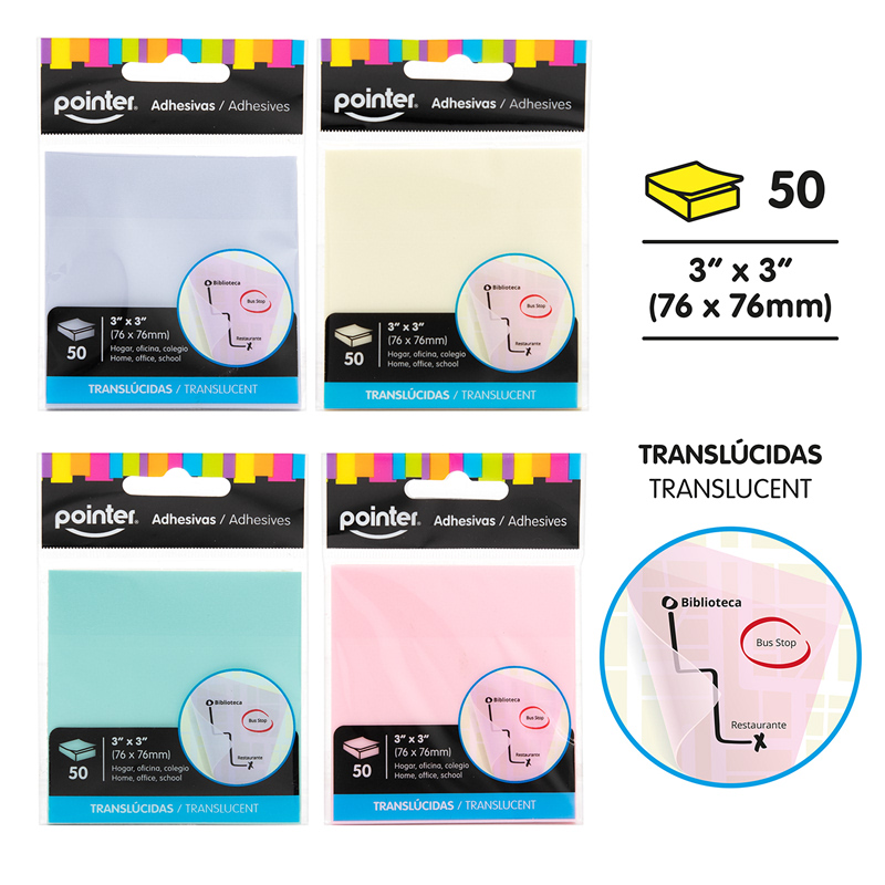 NOTAS ADHESIVAS TRANSLUCIDAS PASTEL - 76 x 76MM x50 HOJAS