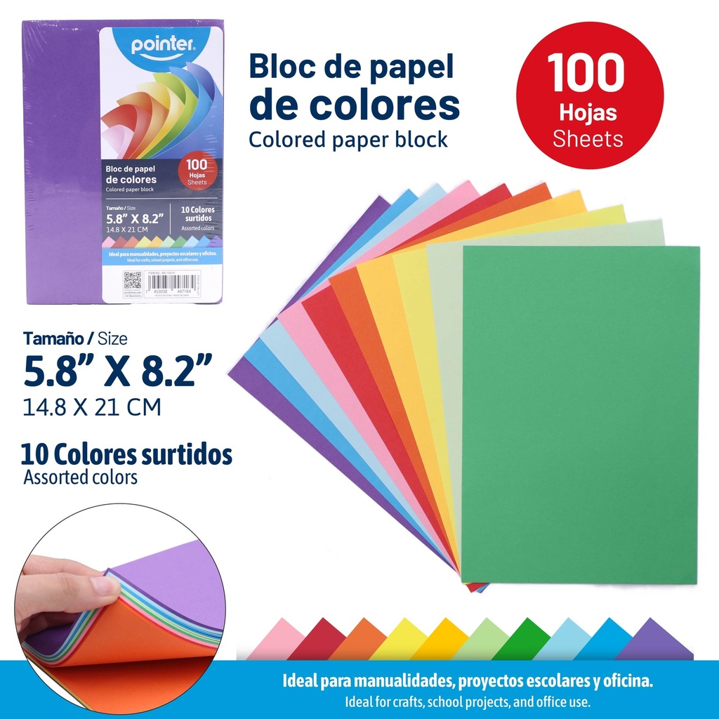 BLOCK PAPEL DE COLORES SURTIDOS x100 HOJAS  - 14.8 x 21CM