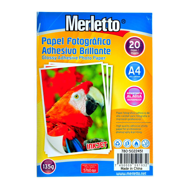 PAPEL FOTOGRAFICO ADHESIVO BRILLANTE 135G - A4 x20 HOJAS