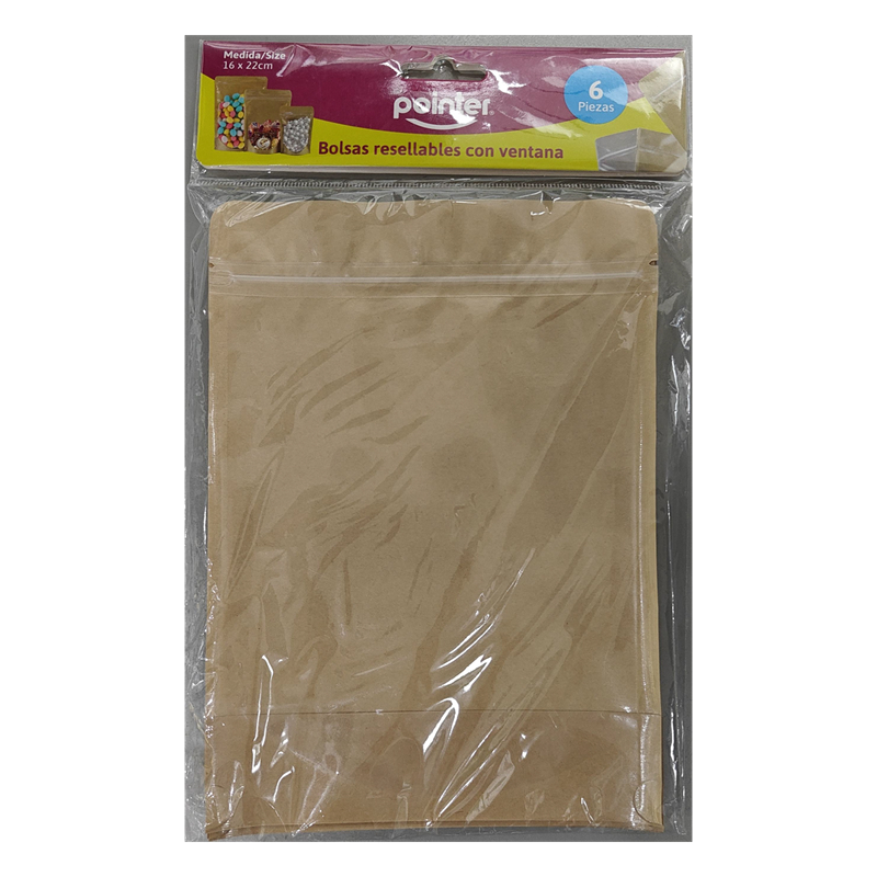 BOLSAS KRAFT RESELLABLES CON VENTANA x6PZAS - 16x22CM