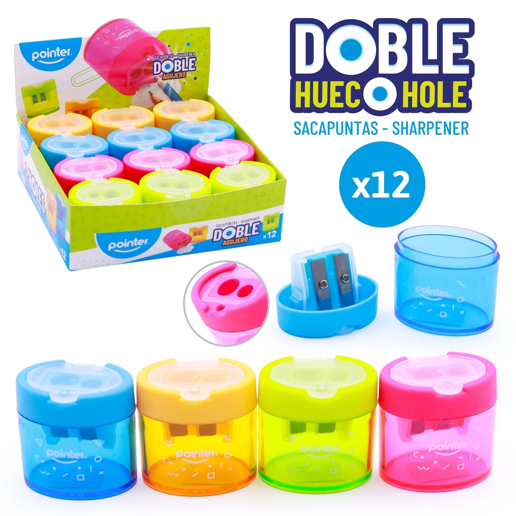 SACAPUNTAS DOBLE CON DEPOSITO, 4 COLORES 