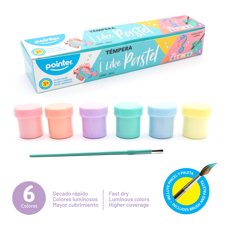 SET DE TEMPERA x6 COLORES PASTELES + PINCEL Y PALETA