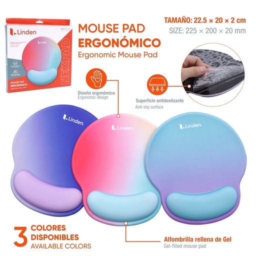 [LD-MP-C] MOUSE PAD ERGONOMICO GEL COLORES 22.5X20CM