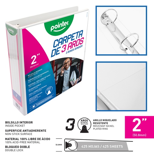 [FLJG-P-2-W] CARPETA 3 AROS 2 PLGS BLANCO 425 HOJAS