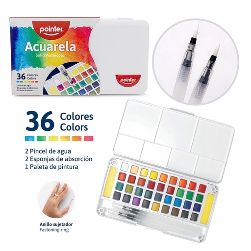 [WC-2100-36] SET DE ACUARELA PROFESIONAL x36 COLORES CON PINCELES, ESPONJAS Y BANDEJA PARA MEZCLAR
