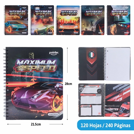 [ESP-12-3M] CUADERNO ESPIRAL 3 MATERIAS (CARROS)