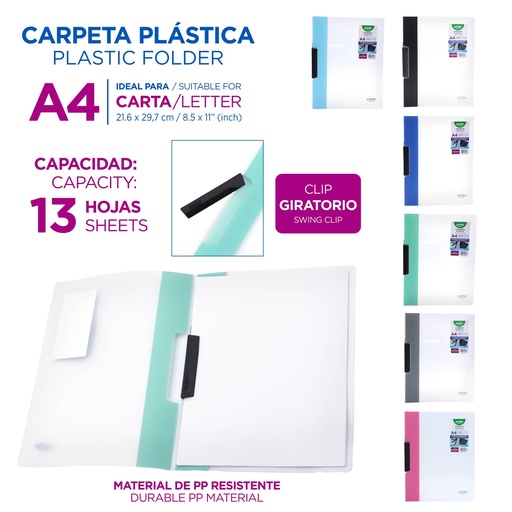 [FL-2302] CARPETA TRANSPARENTE CON CLIP GIRATORIO - CARTA 21x29,7Cm