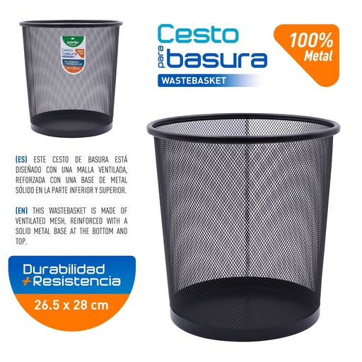 [HY-65002-BK] CESTO METALICO PARA BASURA (NEGRO) 10.5"