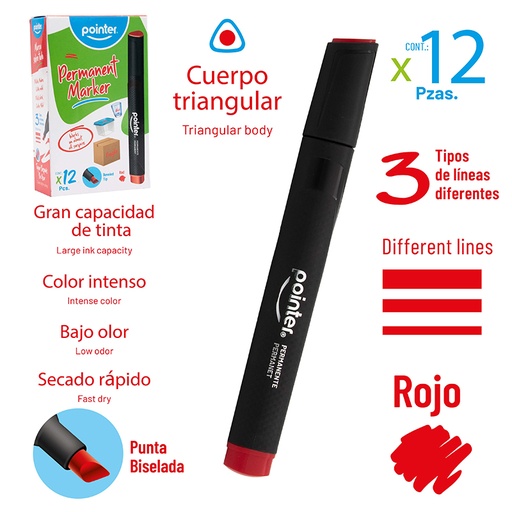 [PM-80-R] MARCADOR PERMANENTE ROJO - CUERPO TRIANGULAR