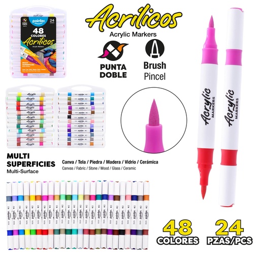[AMK-23193-24] MARCADORES ACRILICOS DOBLE PUNTA x24 PZAS/x48 COLORES