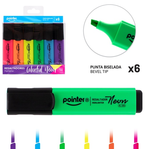 [HL-220] RESALTADORES NEON PUNTA BISELADA x6PZAS.