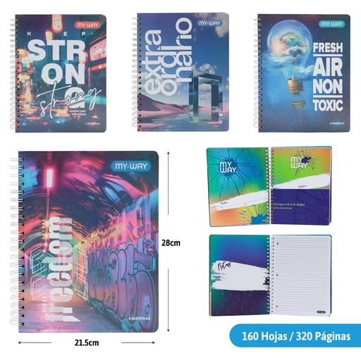 [MW-ESP-02-5M] CUADERNO ESPIRAL 5 MATERIAS 320 PAGINAS (MASCULINO)
