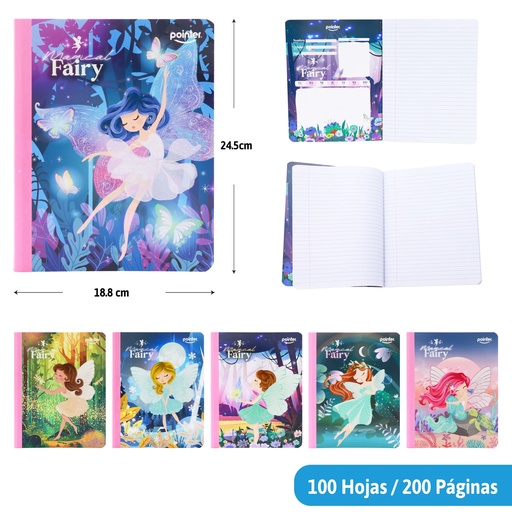 [COS-27G] CUADERNO COSIDO RAYA ANCHA 200 PAGINAS (HADAS) GLITTER