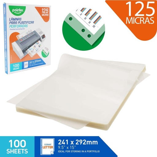 [YL-241292-H] LAMINAS PARA PLASTIFICAR PERFORADAS 125 MICRAS - CARTA (24.1 x 29.2MM) x100 HOJAS