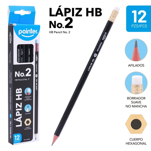 [YP-12HN] LAPIZ DE GRAFITO HB No.2 NEGRO - CUERPO HEXAGONAL UNIDAD