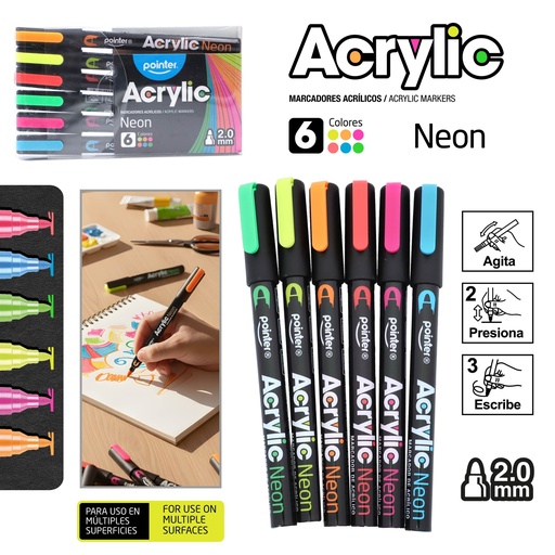 [AMK-2558] MARCADORES ACRILICOS NEON 6 COLORES UNIDAD