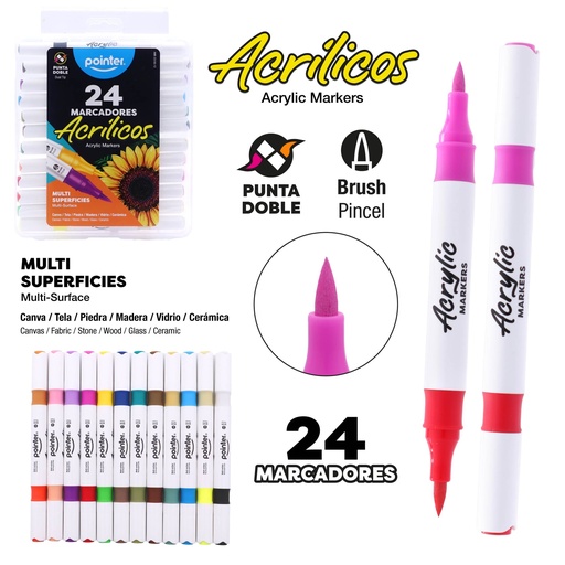 [AMK-23193-12] MARCADORES ACRILICOS DOBLE PUNTA x12 PZAS/x24 COLORES