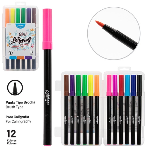 [WC-2212] SET DE MARCADORES LETTERING PUNTA PINCEL x12 COLORES BRILLANTES