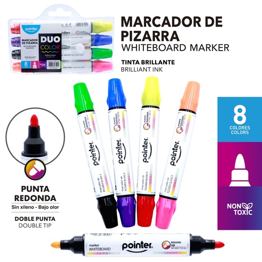 [WB-1918] MARCADOR DE PIZARRA DOBLE PUNTA x4 PZS/x8 COLORES