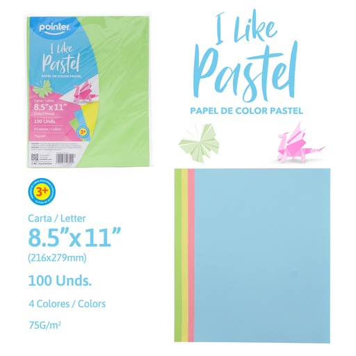 [PB-4-100] PAPEL DE COLORES PASTEL x100UND - CARTA (21.6 x 27.9CM)