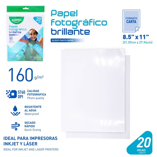 [PP-1201-160] PAPEL FOTOGRAFICO BRILLANTE 160G - CARTA (21.6 x 27.9CM) UNIDAD