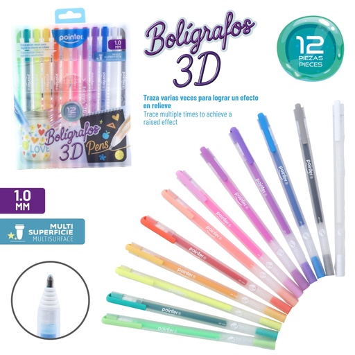 [JGP-2550] BOLIGRAFO DE GEL EFECTO 3D 1.0mm 12 COLORES EMPAQUE