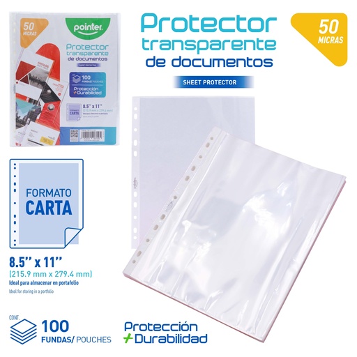 [PNT-FP-5-100] FUNDAS PROTECTORAS TRANSPARENTES 50 MICRAS - CARTA 21,6x27,9Cm