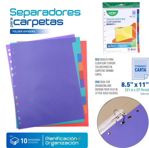 [A10] SEPARADORES PLASTICOS PARA CARPETA - CARTA 21,6x27,9 (10 DIVISIONES)