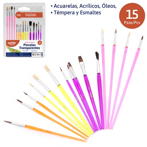 [AB-12293] SET DE PINCELES x15PZAS (CUERPO TRANSPARENTE)
